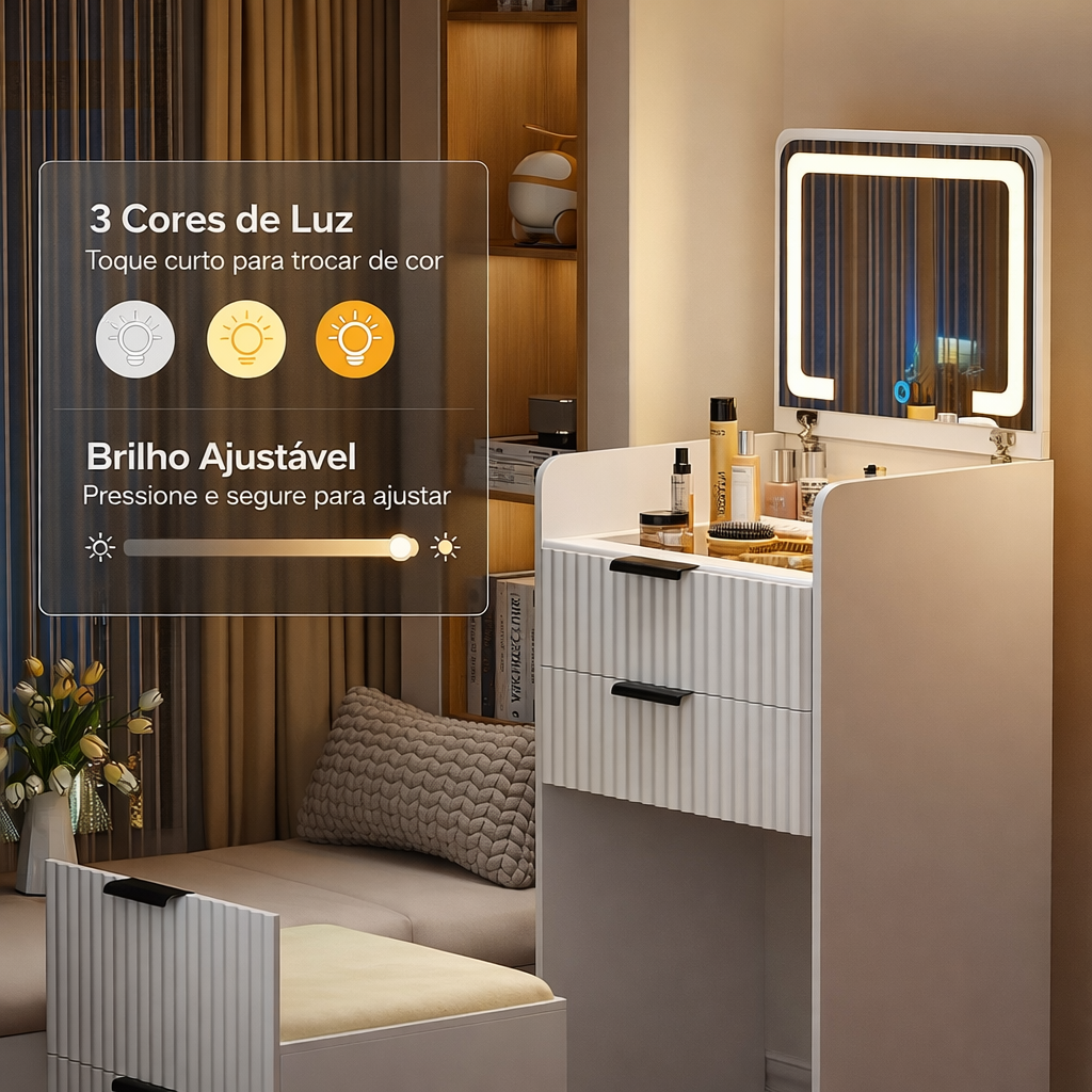Penteadeira Compacta 3 em 1 com Espelho Iluminado