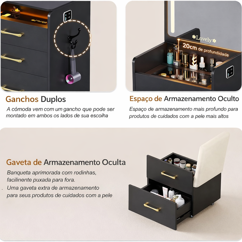 Penteadeira Compacta 3 em 1 com Espelho Iluminado