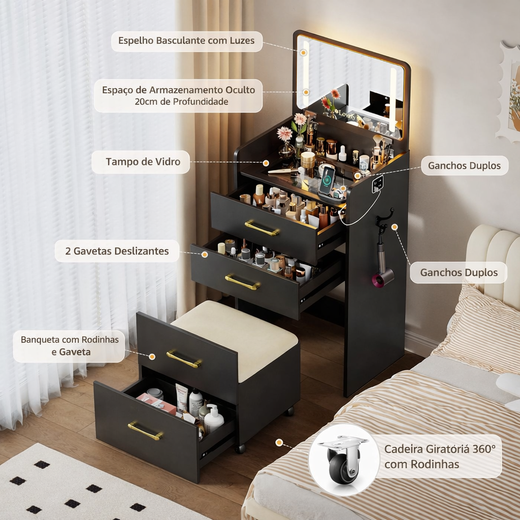 Penteadeira Compacta 3 em 1 com Espelho Iluminado