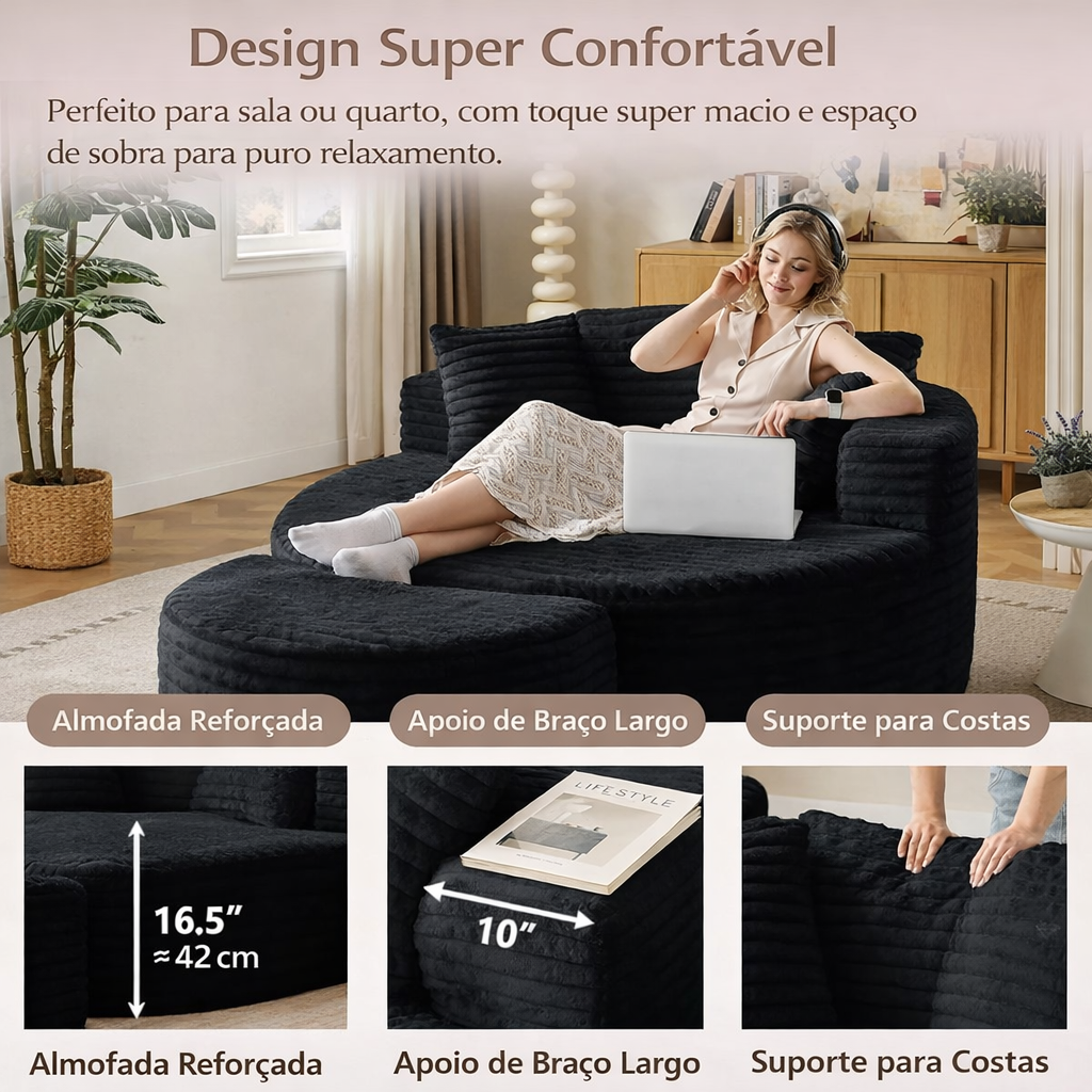 Sofá Redondo em Veludo + Puff Super Macio