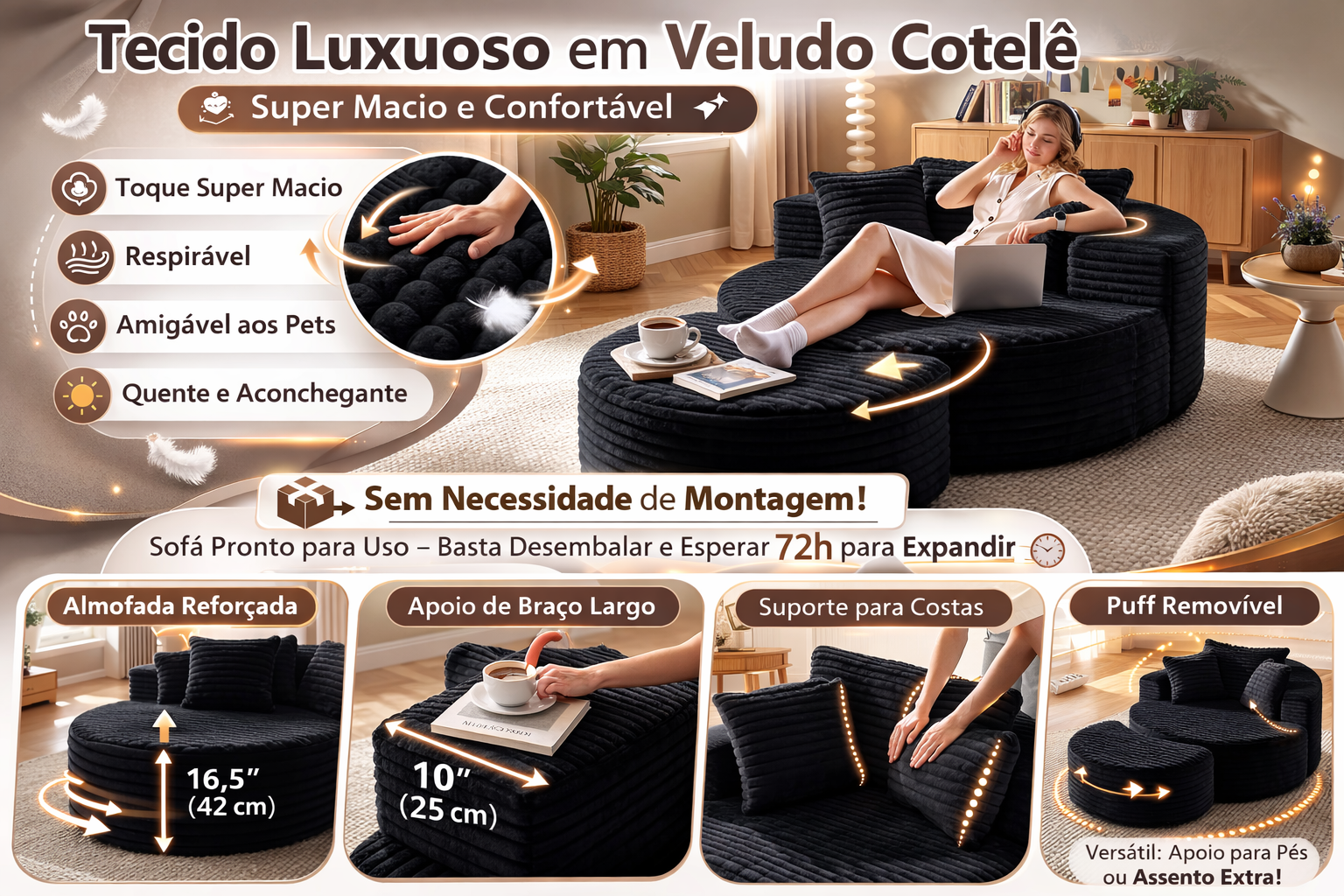 Sofá Redondo em Veludo + Puff Super Macio