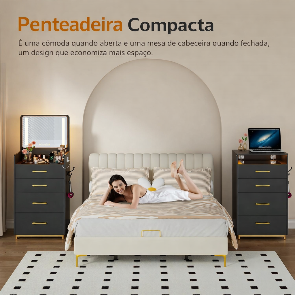 Penteadeira Compacta 3 em 1 com Espelho Iluminado